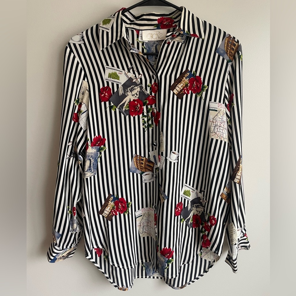 Cache Stripped Silk Floral Blouse